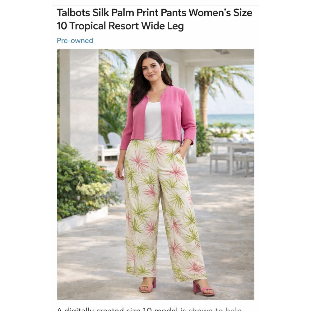 Talbots Women's Stretch Pants Tropical Palm Leaf Print White Pink Green Size‎ 10